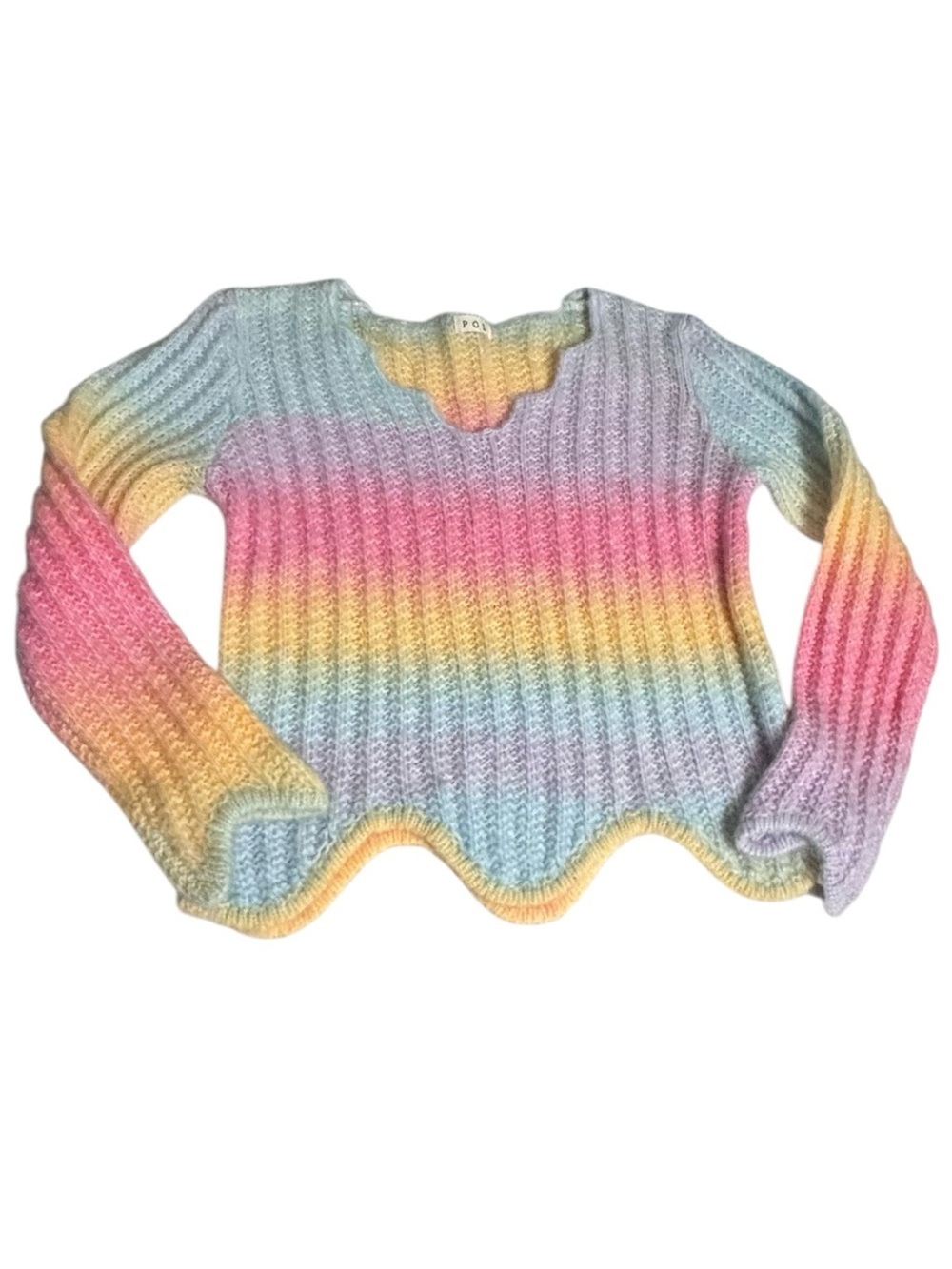 POL Pastel Rainbow Scallop Hem Knit Sweater